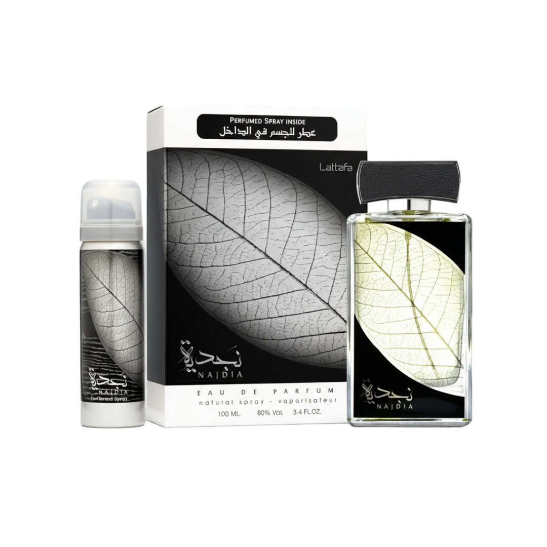 Najdia perfume set with packaging featuring leaf design on a white background