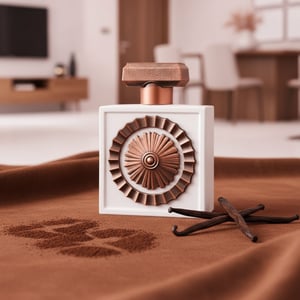 Nebras Elixir on suede with cocoa dust and vanilla pods, soft blush light; Malaysian apartment; bottle and box visible.