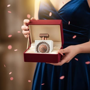 Malaysian woman reveals Nebras Elixir bottle and box from a velvet gift; raspberry‑rose confetti, warm spotlight; clear product.