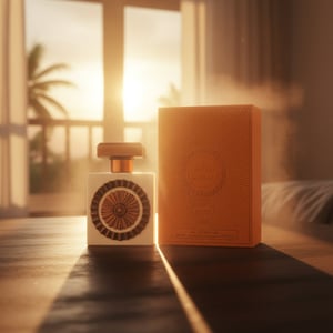 Nebras Elixir bottle and box in Malaysian sunrise with golden glow and soft vanilla aura; cinematic realism, clear product.