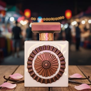 Nebras Elixir at Malaysian night market table with pink‑gold neon reflections, rose and vanilla hint; clear product.