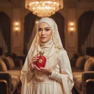 Wanita berhijab Malaysia memegang Opulent Red, gaya feminin mewah