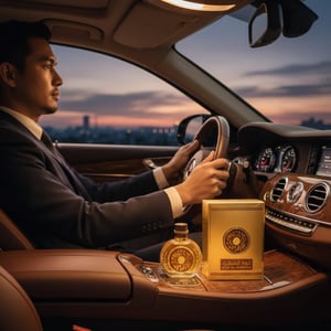 Oud Al Sahraa by Lattafa perfume bottle and box in luxury car dusk drive men-women scent Malaysia