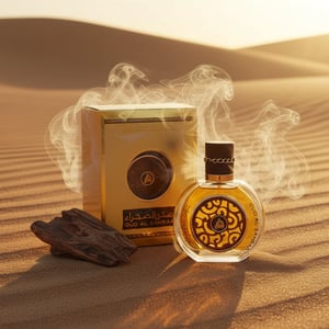 Oud Al Sahraa by Lattafa perfume bottle and box on desert sand with oud wood smoke unisex fragrance Malaysia