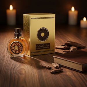 Oud Al Sahraa by Lattafa perfume bottle and box with oud chips and leather journal luxury unisex Malaysia