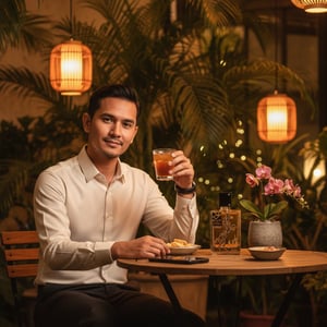 Lelaki Melayu dengan Oud Lail Maleki di kafe outdoor &ndash; suasana malam hangat Malaysia
