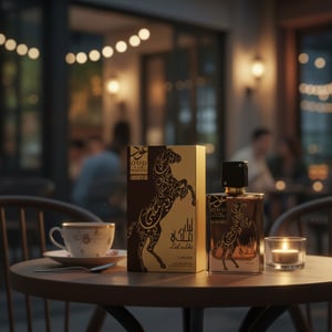 Oud Lail Maleki di meja kafe dengan lighting malam &ndash; perfume stylish Malaysia