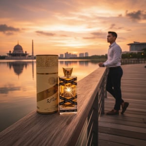 perfume Oud Mood atas pagar tasik Putrajaya waktu matahari terbenam dengan lelaki Malaysia