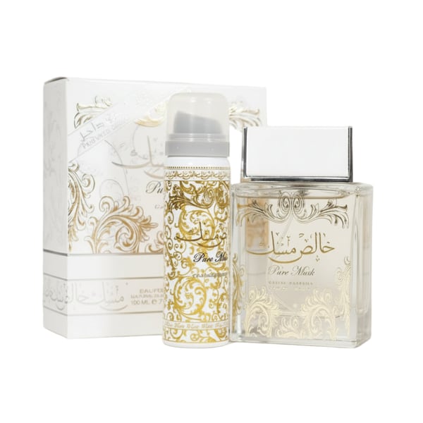 Perfume bottle and packaging with intricate designs on a white background