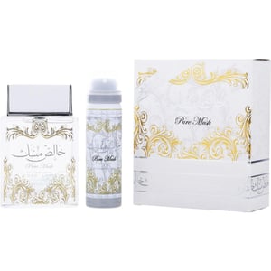 Perfume set with bottles and packaging featuring gold and white design on a white background