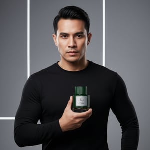 Lelaki Malaysia berbaju hitam dengan Qaaed Intense, aura yakin