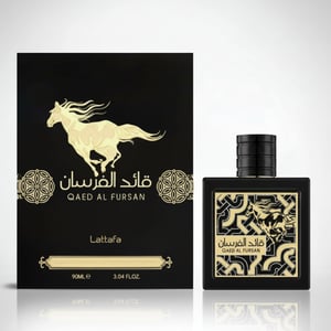 Box dan botol Qaed Al Fursan Lattafa fragrance lelaki warm woody vibe premium Malaysia