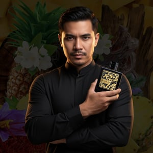 Lelaki Malaysia berbaju hitam memegang Qaed Al Fursan, mood warrior elegan