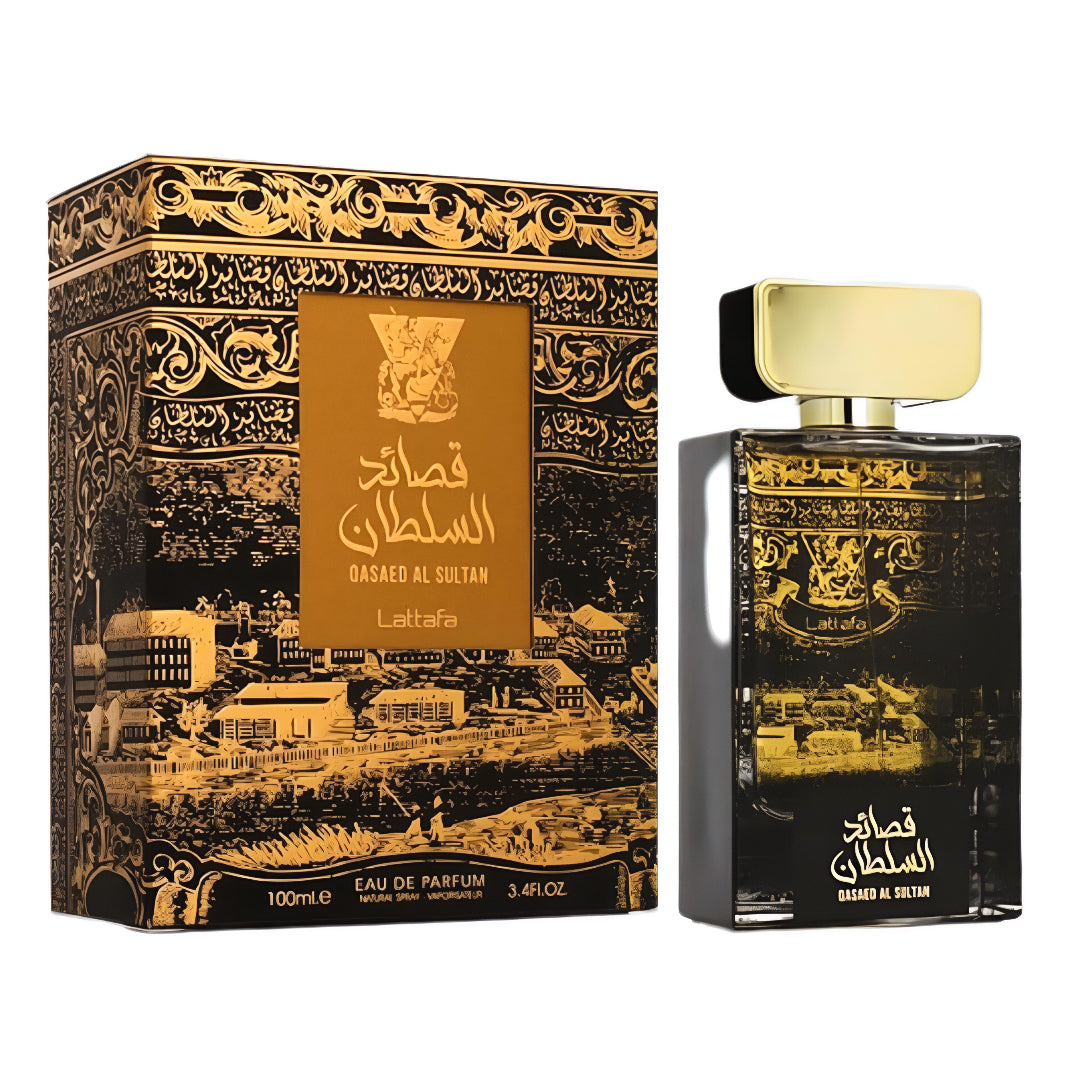 Perfume bottle and packaging of Qasr Al Sultan Latafe on a white background