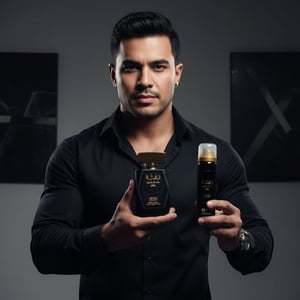 Lelaki Malaysia berbaju hitam memegang Raghba for Men, aura maskulin kuat