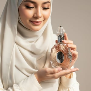 Wanita berhijab Malaysia memegang Rouat Al Musk, gaya lembut