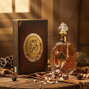 Perfume bottle and packaging with decorative design on a white background