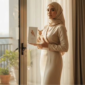 Malay woman with Shaheen Gold by Lattafa perfume at sunrise balcony luxury unisex fragrance Malaysia
