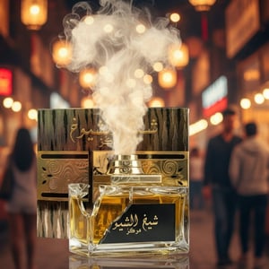 sheikh al shuyukh Gold and black perfume bottle with smoke effect against a blurred street background