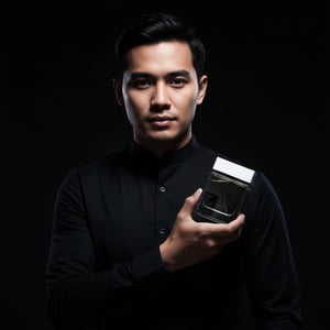 Malay man in black shirt presenting Suqraat perfume, sharp contrast lighting, cinematic men’s product style.