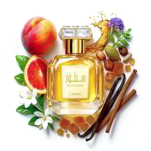 Sutoor Lattaqa perfume bottle surrounded by fruits, spices, and flowers on a white background