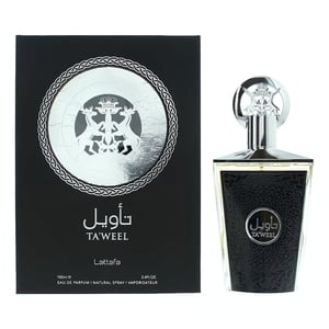 Lattafa Ta'weel perfume bottle and packaging on a white background