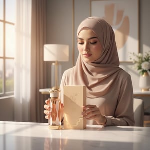 wanita berhijab Malaysia pegang Teriaq Lattafa perfume pink lembut feminin
