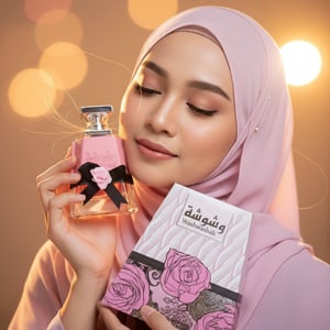 Malay woman hijab holding Washwashah Lattafa perfume women Malaysia