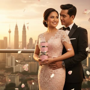 Malay couple on balcony during sunset hugging as woman holds perfume gift &ndash; romantic fragrance Malaysia