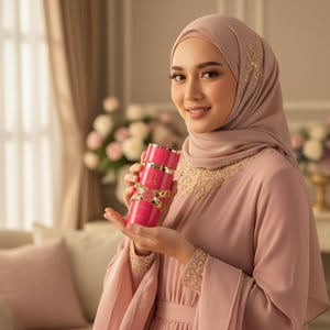 Wanita berhijab Malaysia memegang Yara Candy dengan senyuman manis