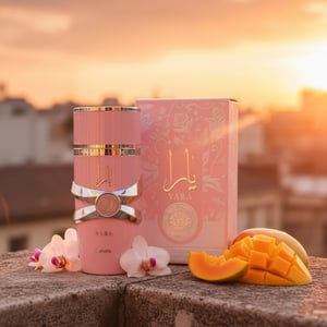 Woman perfume bottle on balcony at golden hour with tangerine sky and orchid petals &ndash; Yara vanilla tropical note