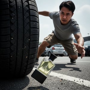 Dramatic rescue of a thrown perfume bottle and box on a KL street&mdash;Malaysian passerby saves the product mid-air; sharp, detailed, ad-ready.