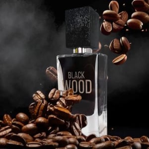 Perfume bottle labeled 'Black Wood' surrounded by coffee beans on a dark background