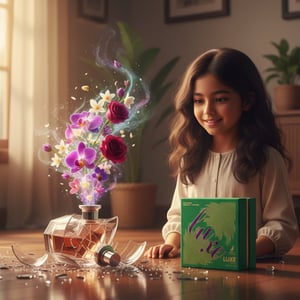 Young girl with a broken perfume bottle and a box labeled 'Luxe' in a room with plants.