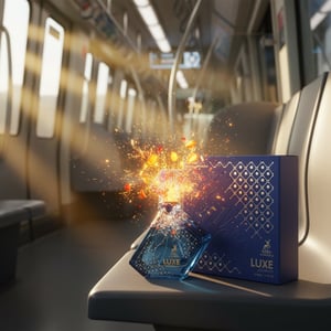 Perfume bottle broken, citrus sparks emerging; KL LRT train Malaysia — clear bottle and box, cinematic lighting.