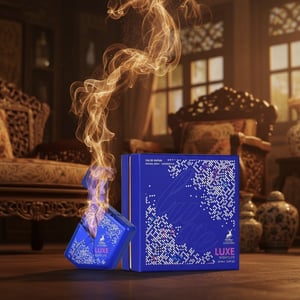 Perfume bottle broken, woody musk trail emerging; Malaysian home interior Malaysia — clear bottle and box, cinematic lighting.