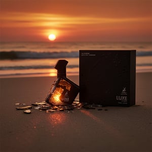 Perfume bottle broken, amber glow emerging; Langkawi beach at sunset Malaysia &mdash; clear bottle and box, cinematic lighting.