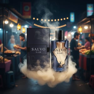 Perfume bottle broken, vanilla mist emerging; Pasar Malam night market Malaysia &mdash; clear bottle and box, cinematic lighting.