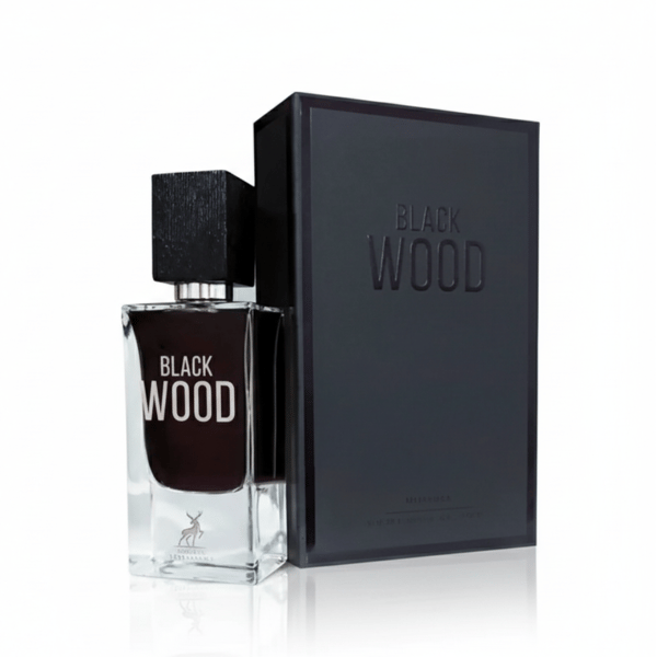 Black Wood perfume bottle and packaging on a white background