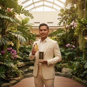 Lelaki Malaysia memegang Brulant Oud di One Utama taman dalam