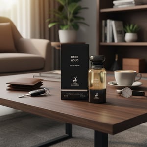Dark Aoud atas meja kopi, gaya lifestyle lelaki Malaysia
