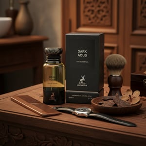 Dark Aoud atas meja grooming lelaki dengan tema oud, vibe gentleman Malaysia