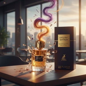 Perfume bottle and packaging of Exclusif Saffron on a table with a cityscape background
