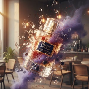 Explosion of a perfume bottle labeled 'Exclusif Saferon' in a restaurant setting