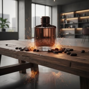 Expose Intense on wooden bench with roasted tonka ember glow; Malaysian modern loft; clear bottle and box.