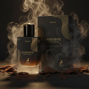 Exquisite Prive with swirling soft smoke, oud wood pieces around, warm low lighting, Arabian luxurious masculine mood