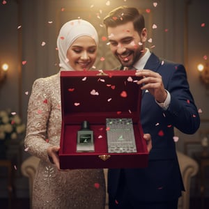 Malaysian couple revealing Extravagant Lover bottle and box from a velvet gift; raspberry‑rose confetti; warm spotlight, clear product.