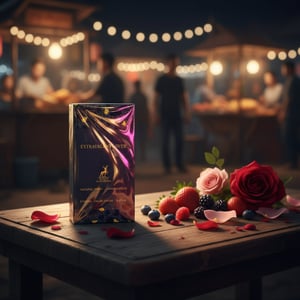 Extravagant Lover at Malaysian night market table with pink‑gold neon reflections, berries and rose petals; clear product.