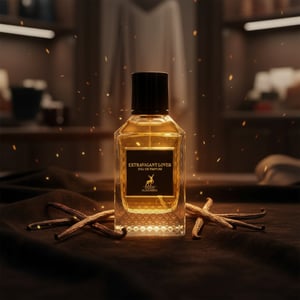 Extravagant Lover on dark suede with vanilla pods and glowing ember sparks; amber boutique light; bottle and box visible.