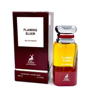 Perfume bottle and packaging of 'Flaming Elixir' by Madon Alhamra on a white background